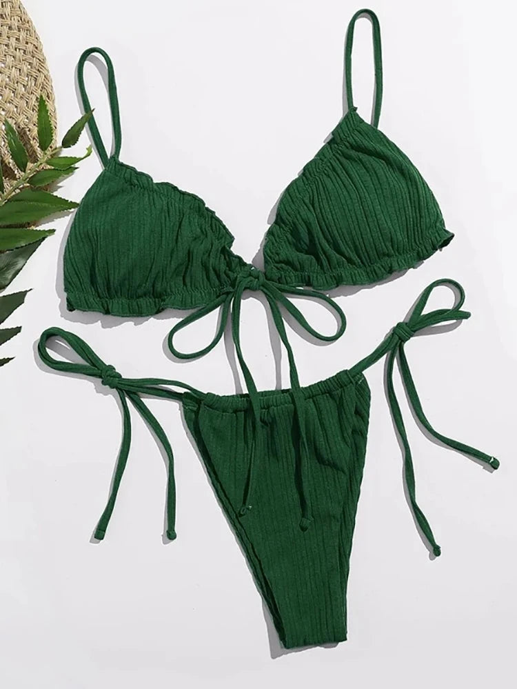 New 2025 Sexy Swimsuit Pit stripe Bikini Women Swimwear  Bathing Suits Push Up Biquinis Bandage Beachwear Solid Bikini Sets - Sun Studio