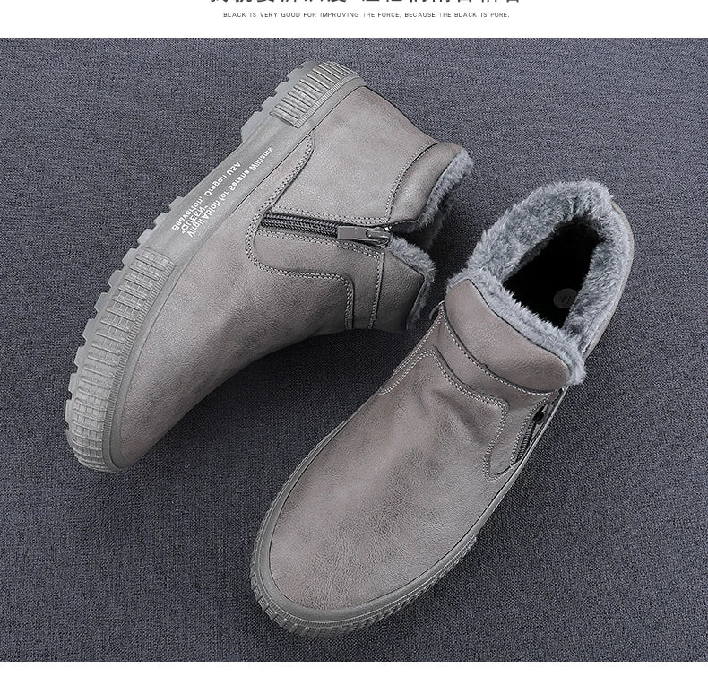Man Winter Warm Leather Boots Warm Plush Inside High Tops Casual Shoes Slip on Keep Warm Thick Fur Men's Platform Ankle Boots - Sun Studio