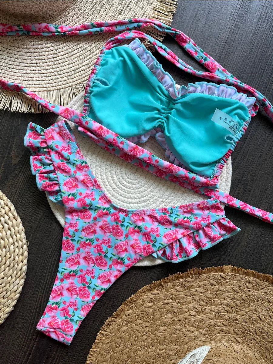 Bikini Set Women's Ruffle Flower Print Sexy 2 Pieces Swimsuit Triangle Strapless Backless Thong Beach Bathing Suit 2025 New - Sun Studio