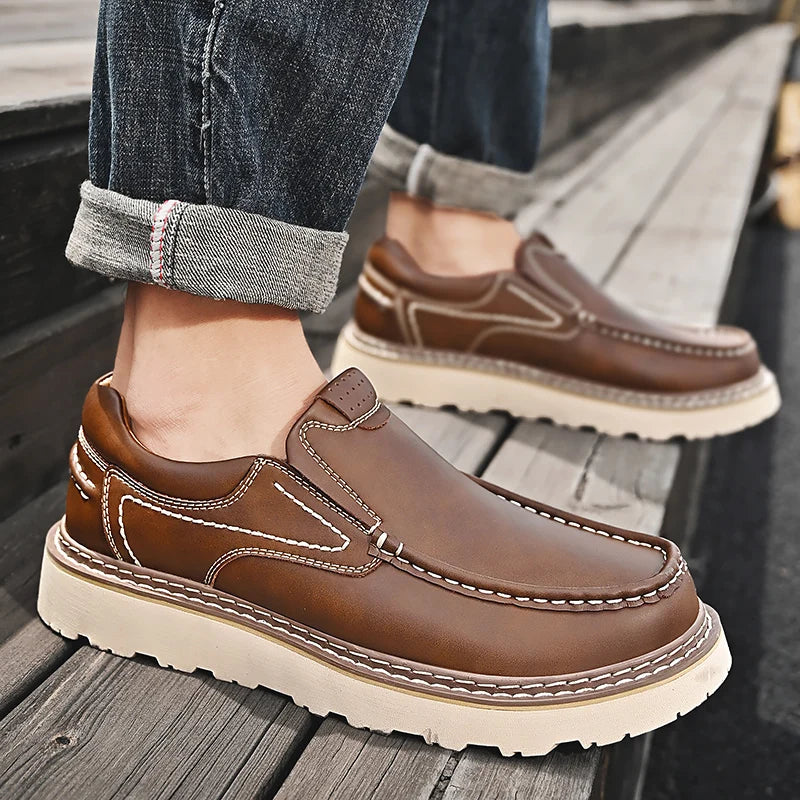 Trendy New Style Men's Genuine Leather Shoes Thick Soled Tooling Shoes Men's Oxford Shoes Lace Up Business Shoes Outdoor Loafers - Sun Studio