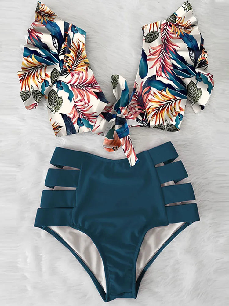 Floral Ruffled Hem Bikini Set Women Flora V-Neck High-Waisted Two Piece Swimsuit 2025 Girl Beach Bathing Suit Swimwear Biquinis - Sun Studio