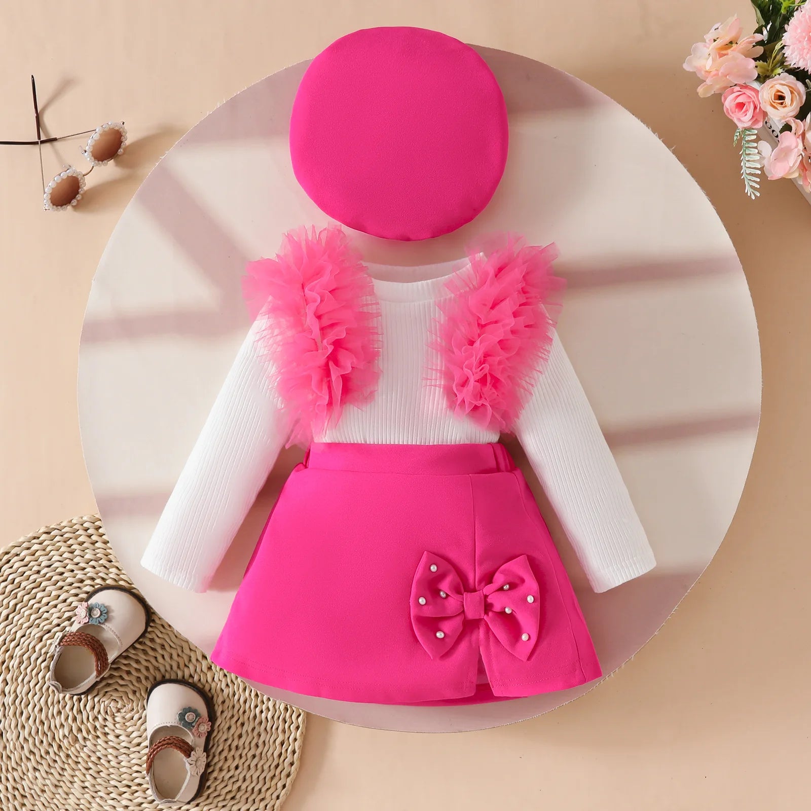 Baby Girls Clothes New Year Set 0-3Y Long Sleeve Big Bow Top Irregular Skirt and Beret 3Pcs Toddler Christmas Clothes - Sun Studio