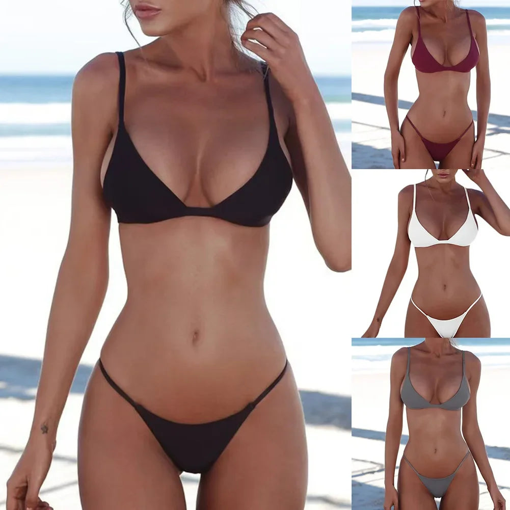 Womens Solid Color Two Piece Sexy Swimsuit Suit Fashion Casual Versatile Bar Bikini Set Beach Pool Party Low Rise Swimwear - Sun Studio