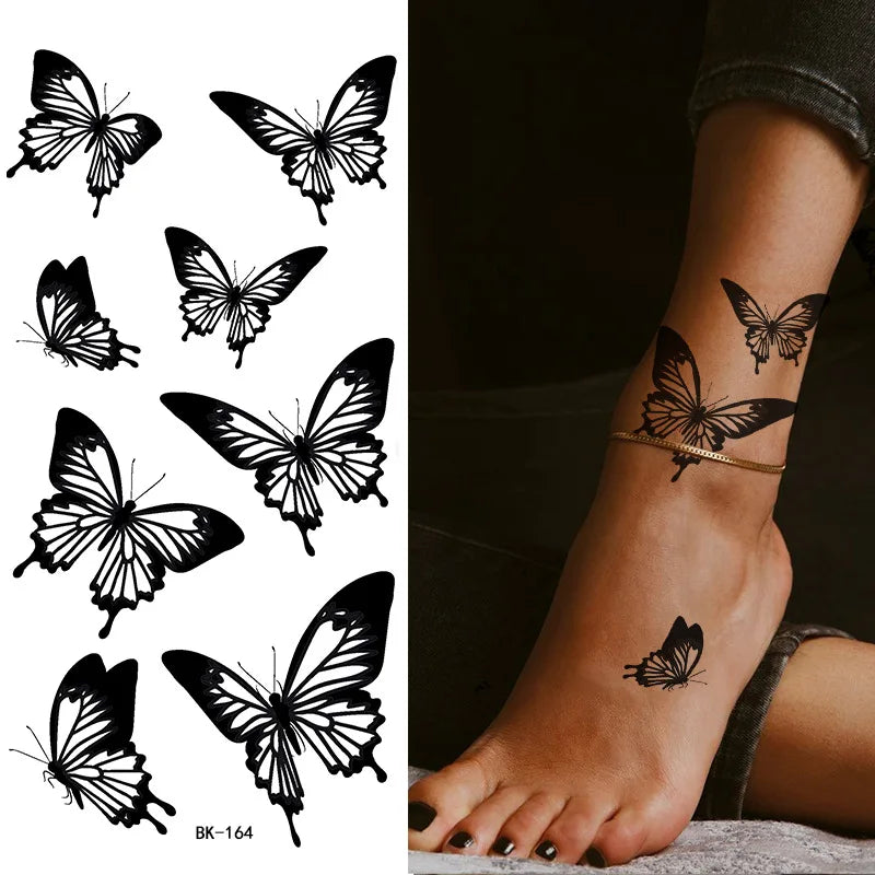 Black White Temporary Transfer Tattoos Floral Butterfly Lettering Line Art Waterproof Body Stickers for Music Festival Party