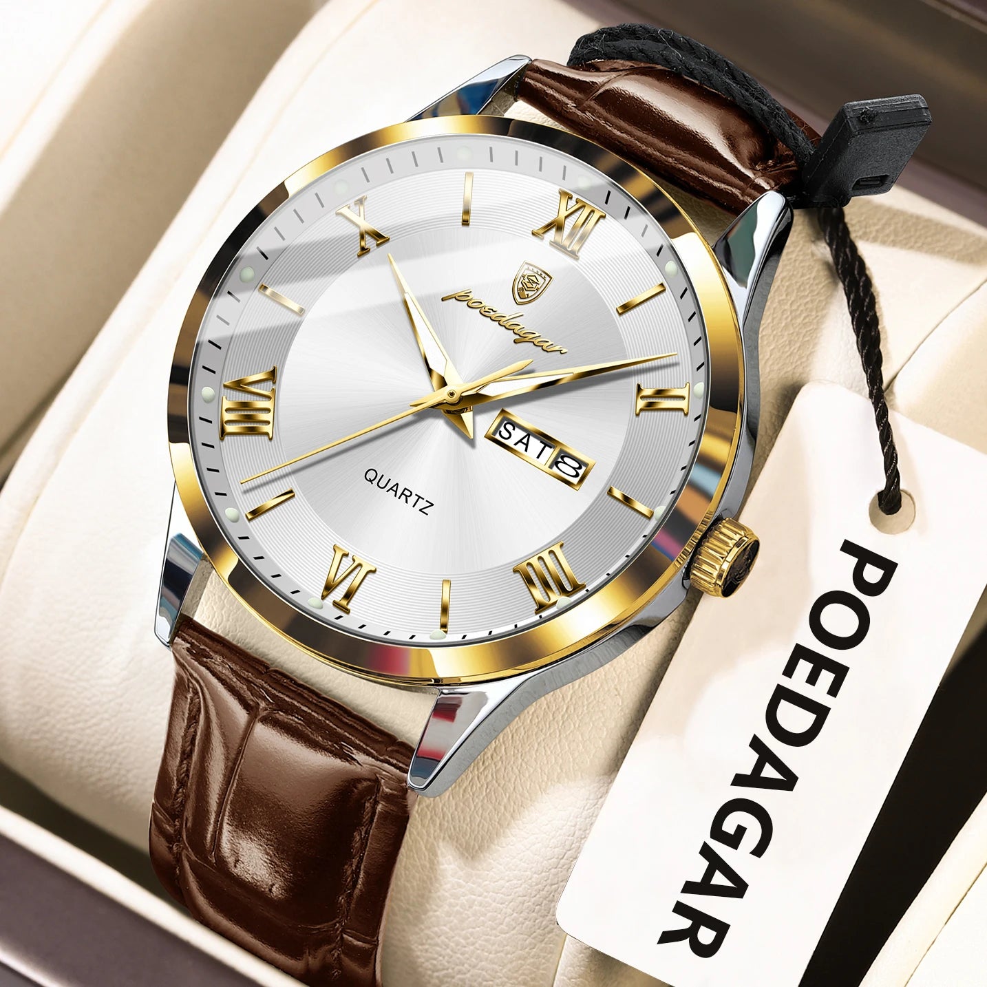 POEDAGAR Classic Luxury Men's Wristwatch Date Week Leather Business Man Watch Waterproof Luminous Fashion Quartz Watches For Men - Sun Studio