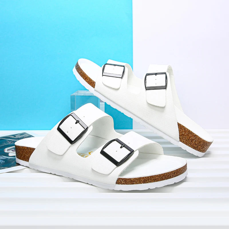 Summer Men Cork Slippers Slides Clogs Casual Slip On Sandals Double Buckle Women Microfiber Leather Unisex Big Size 47 48 49 - Sun Studio