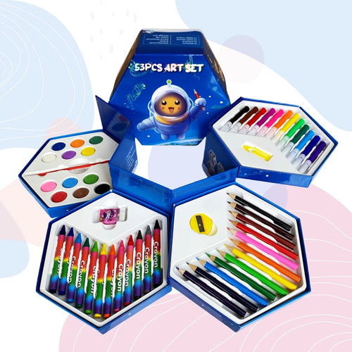 53pcs Multilayer Cartoon Art Pencil Set Kids Painting Set Hexagon Color Box Pencil Drawing Art Set - Sun Studio