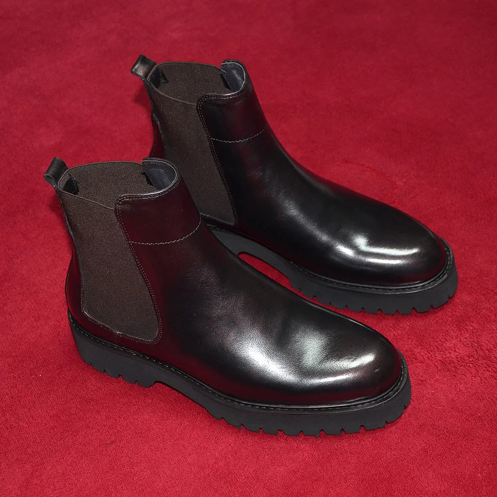 British Style High Top Men's Chelsea Boots Increase Height Classic Luxury Genuine Leather Elastic Band Men Autumn Winter Shoes - Sun Studio