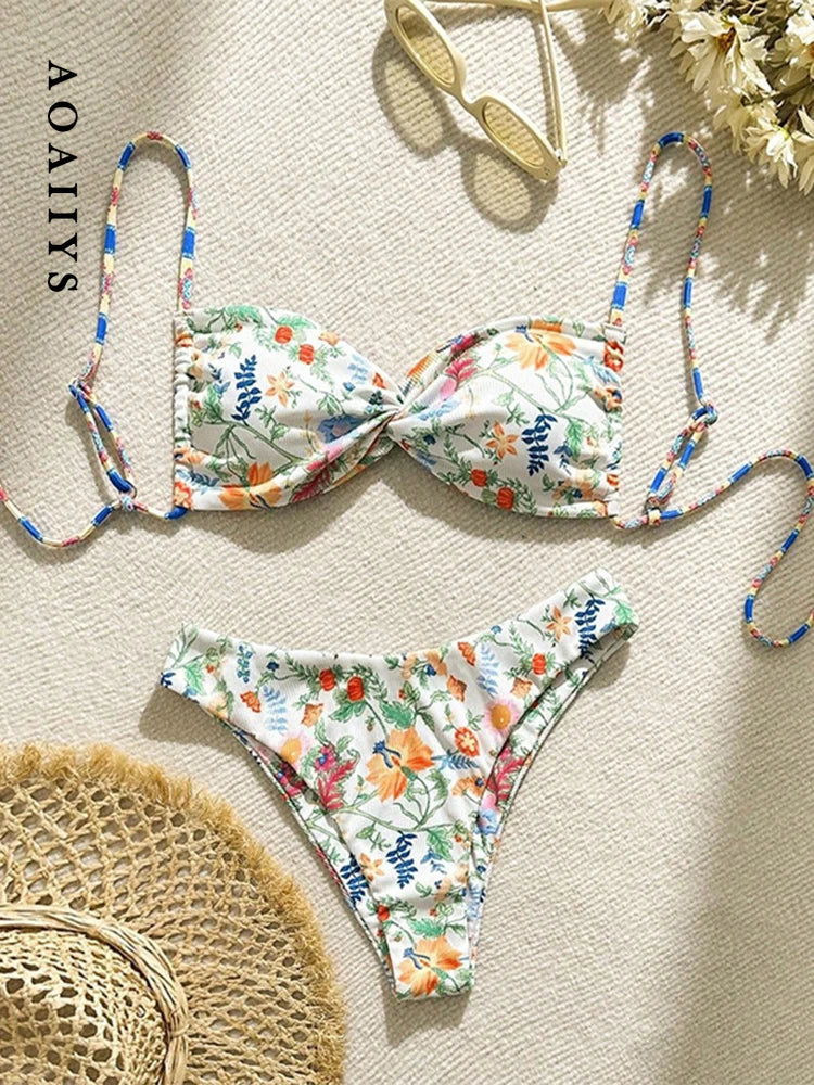 Circyy Printed Swimsuit Women Backless Lace Up Beachwear Fashion Hot Spring Swimwear Summer New Two-piece Sexy Split Swimsuit - Sun Studio