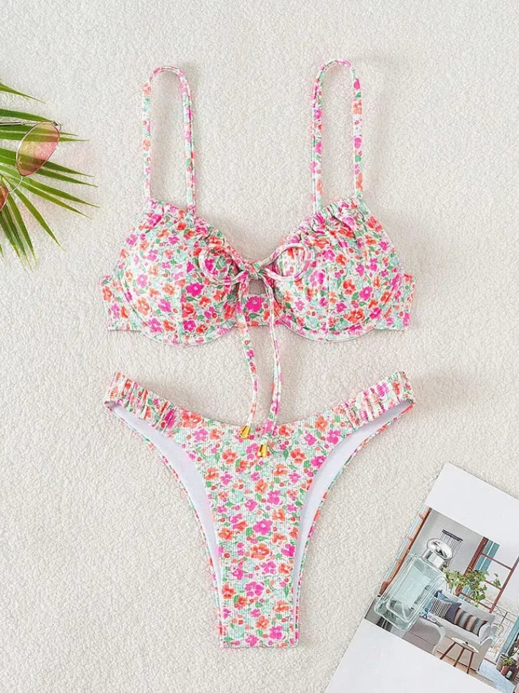 New Sexy Floral Print Push Up Bikini 2024 Women Swimwear Female Swimsuit Two Pieces Thong Bikini Set Bather Bathing Suit Beach - Sun Studio