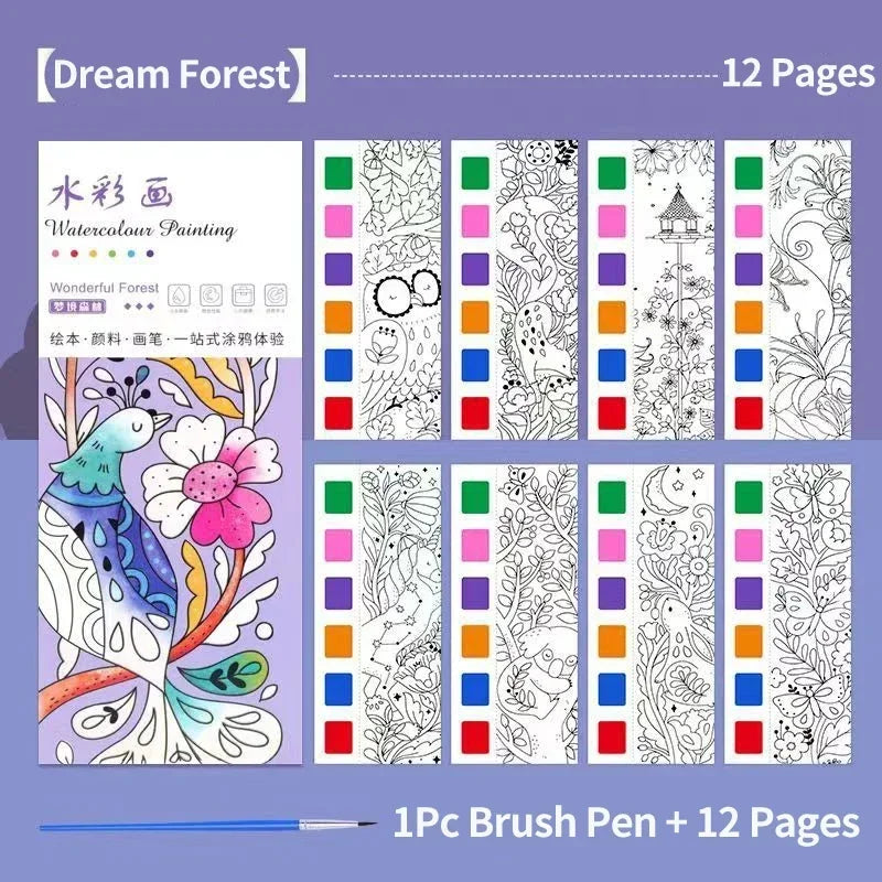 1PC Children's Watercolor Coloring Book Kids Adult Watercolour Coloring Paper With Water Paint Pens Girls Student Birthday Gift - Sun Studio