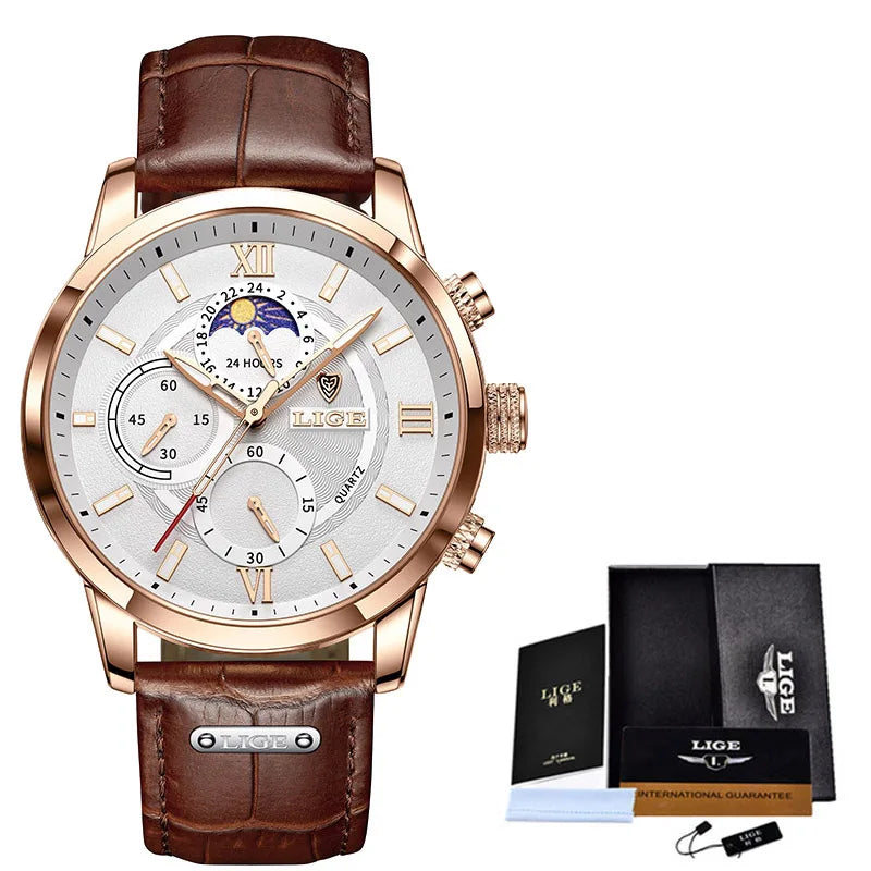 LIGE 2024 Brand New Men's Watches Leather Chronograph Waterproof Sports Automatic Date Quartz Watches for Men Relogio Masculino - Sun Studio