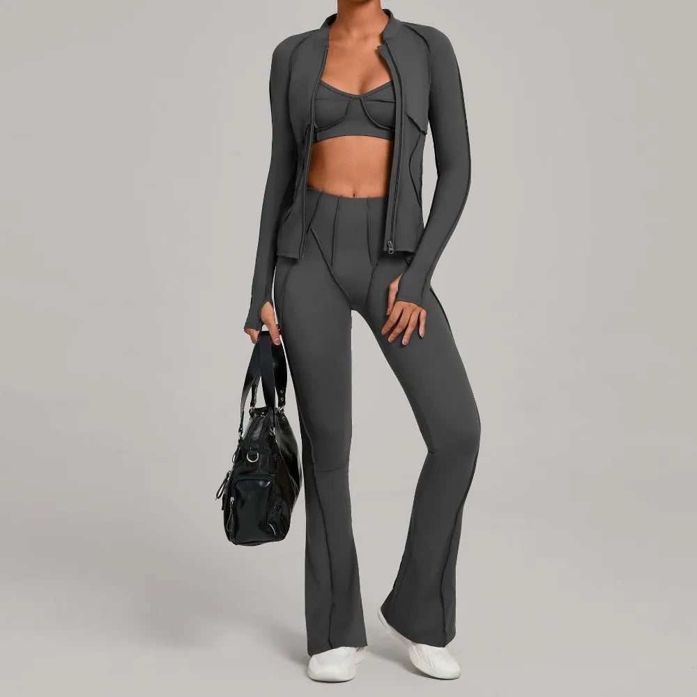 Gym Casual Yoga Set for Women Outdoor Running Fitness Outfit Autumn Winter Tight Sports Three-Piece Set Zipper Coat+bras+pants - Sun Studio