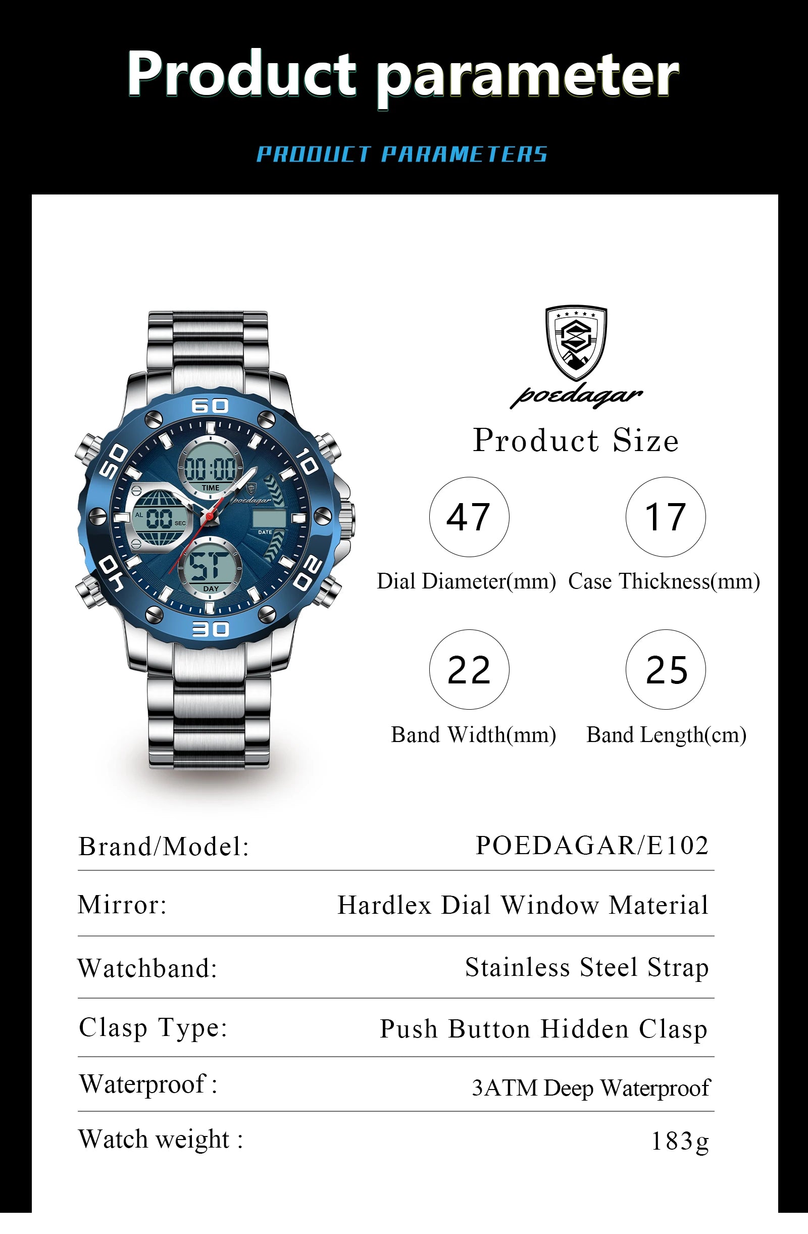 POEDAGAR Military Men's Quartz Wristwatch LED Alarm Dual Display Men Watch Electronic Waterproof Outdoor Sports Watches for Men - Sun Studio