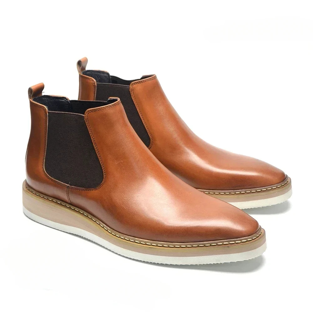 British Style Cow Genuine Leather Men's Chelsea Ankle Boots Slip-on Elastic Band High Top Sneakers Casual Dress Boot for Men