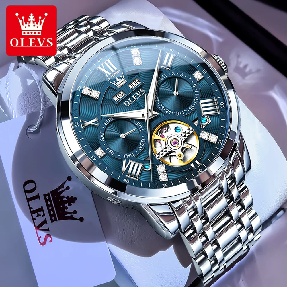 OLEVS 6701 Top Original Automatic Watch for Men Stainless Steel Hollow Skeleton Mechanical Watch Waterproof Business Wristwatch - Sun Studio