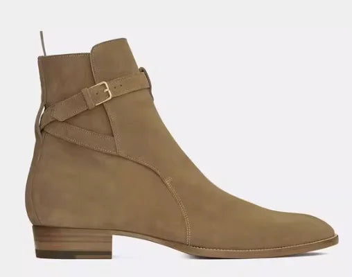 Black Pointed Toe Buckle Strap Ankle Boots Grey Men Hombre Genuine Leather Men Motorcycle Boots For Men Work High Top Men Shoes - Sun Studio