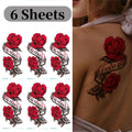 6Sheets Waterproof Bright Flora Rose Flower Tattoo Stickers for Girls Temporary Fake Tattoos for Women Chest Arm Decorations - Sun Studio