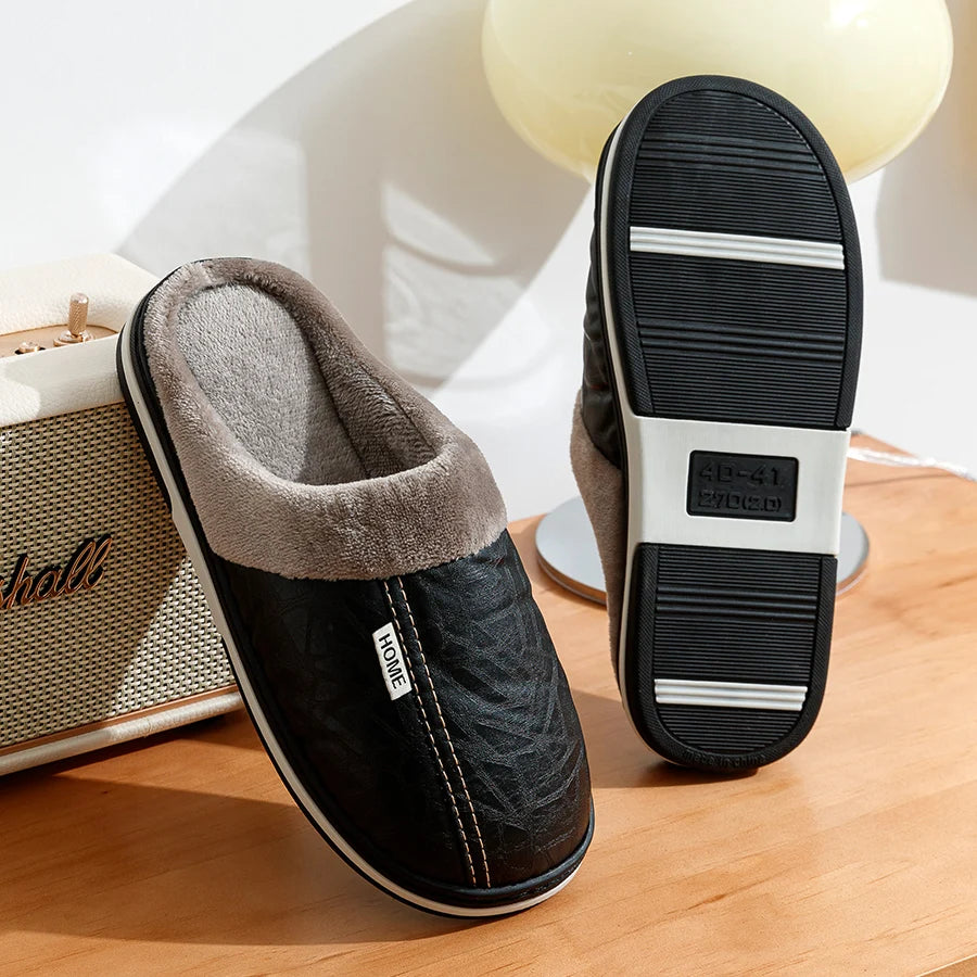 PU Leather Big Sizes Men slippers Indoor Waterproof Fur Flat Men's Winter Home Slipper Cotton Bedroom Houseshoes - Sun Studio