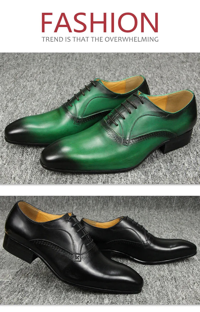 Genuine Leather Dress Men Shoes Exquisite Lace-up Designer Wedding Party Office Oxfords Pointed Toe Big Size Customized Handmade - Sun Studio