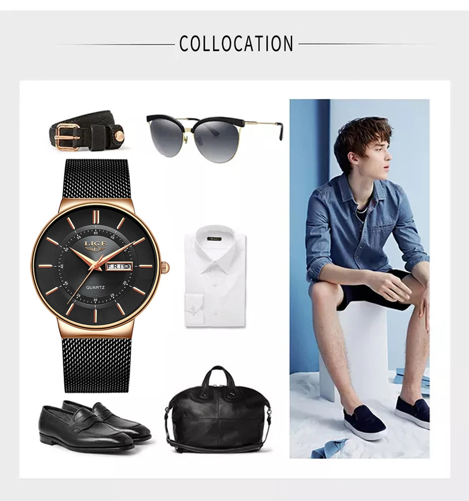 LIGE 2024 Luxury Men Watches Waterproof Ultra Thin Date Clock Male Steel Strap Casual Quartz Watch Men Sports Wrist Watch Man - Sun Studio