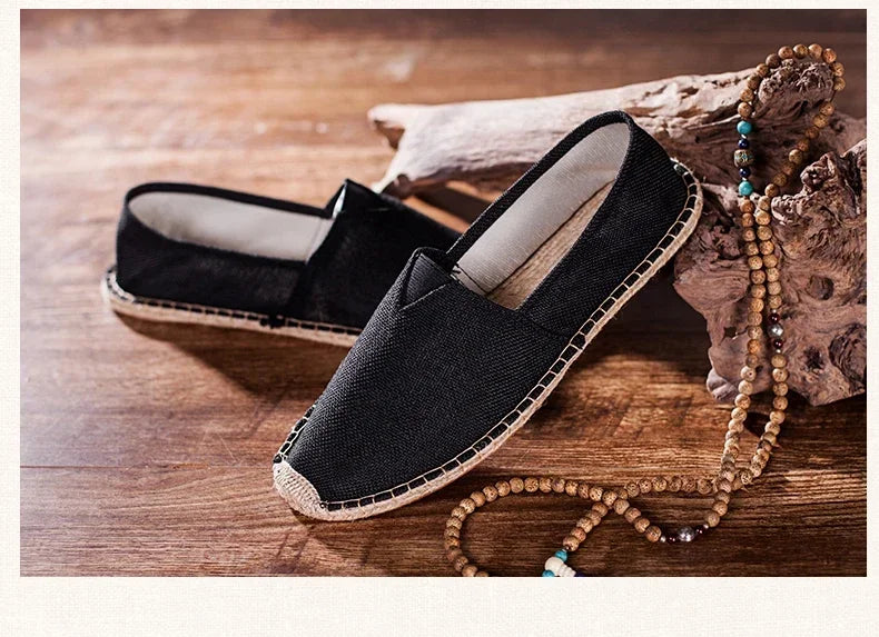 Women Sewing Flax Shoes Slip on Loafers Casual Shoes Man Espadrilles Hemp Canvas Flat Shoes Plus Size Fisherman Driving Footwear - Sun Studio