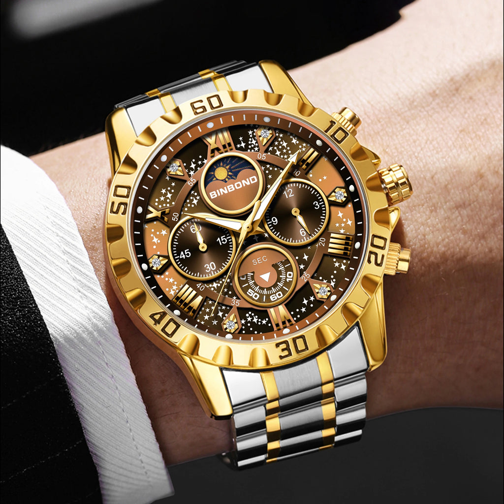 BINBOND Luxury Fashion Men Watches Multi-functional Stainless Steel Original Quartz Wristwatch Moon Phase Chronograph Waterproof - Sun Studio