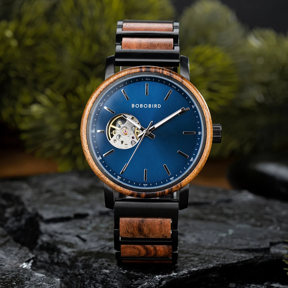 BOBO BIRD New Mechanical Watches for Men Luxury Wood and Stainless Steel Skeleton Customized Automatic Watch relojes mecánicos - Sun Studio