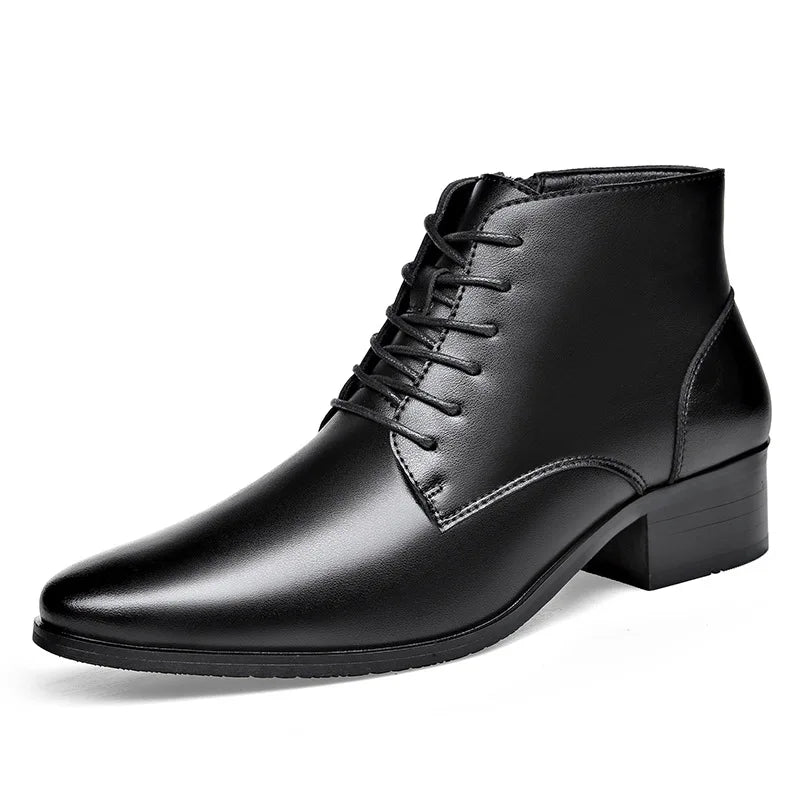Men's Boots Fashion High-top Casual Boot Pointed Tip Business Leather Boots for Men Plush Warm Winter Boots Lace Up Ankle Botas - Sun Studio