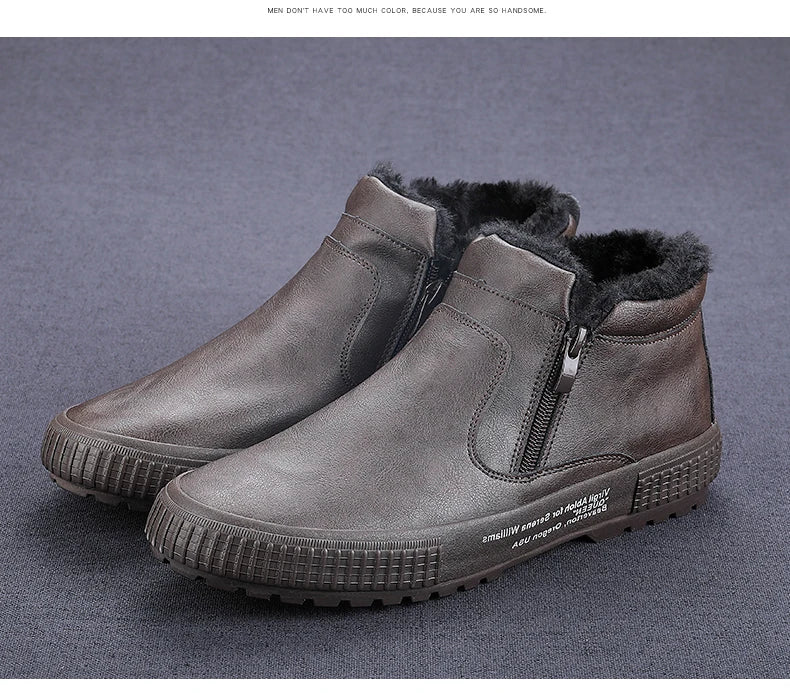 Man Winter Warm Leather Boots Warm Plush Inside High Tops Casual Shoes Slip on Keep Warm Thick Fur Men's Platform Ankle Boots - Sun Studio