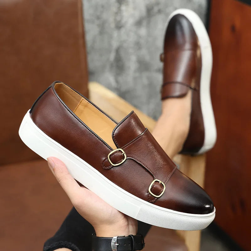 Fashion Man Casual Shoes Leather Men's Retro British Style Loafers Slip-on Outdoor Flats Double Monk Business Daily Shoe - Sun Studio