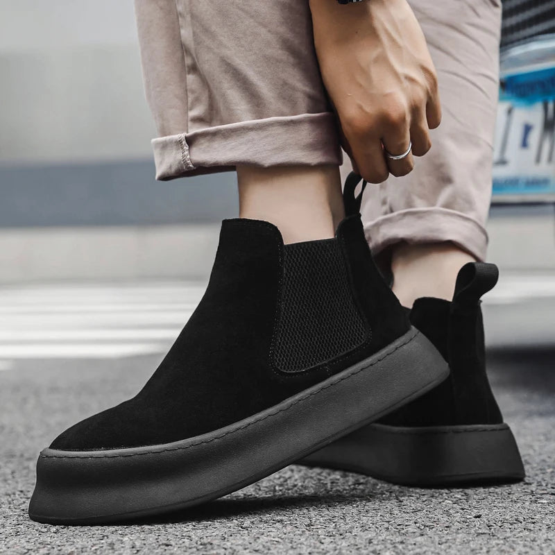Fashion Brand Men Genuine Leather Mid Top Boots with British Style Autumn Winter Men Anti Slip and Wear-resistant Chelsea Boots