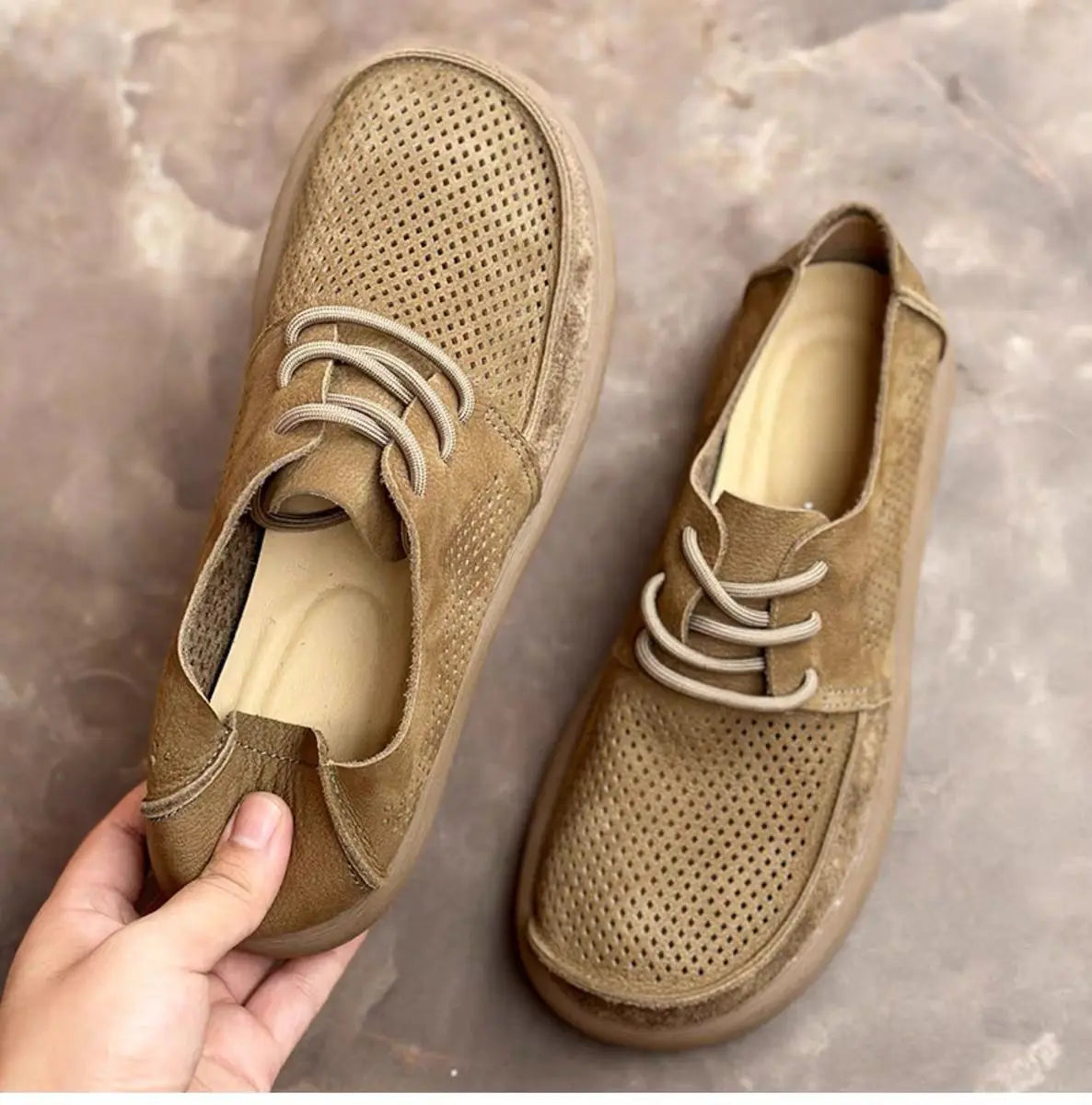 Wide toe hollow natural leather shoes men's 2025 summer new cowhide punched breathable soft leather soft sole singlecasual shoes - Sun Studio