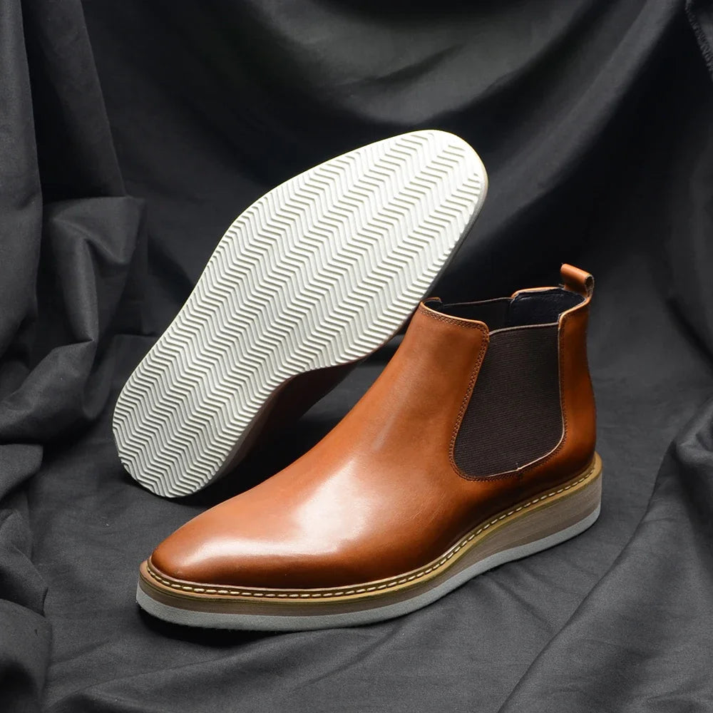 British Style Cow Genuine Leather Men's Chelsea Ankle Boots Slip-on Elastic Band High Top Sneakers Casual Dress Boot for Men - Sun Studio