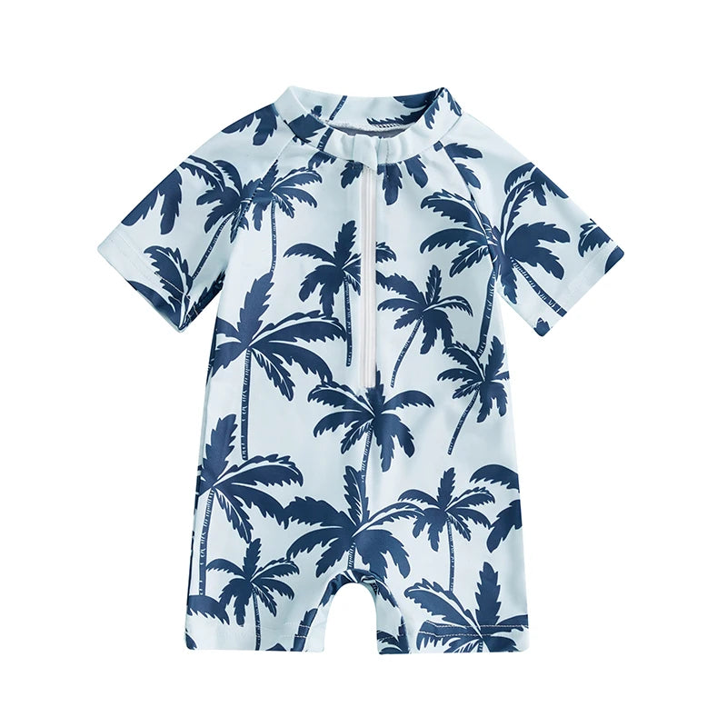 Summer Toddler Infant Baby Boys Girl Rash Guard Swimsuit Coconut Tree Print Short Sleeve Mock Neck Zip Bathing Suit - Sun Studio