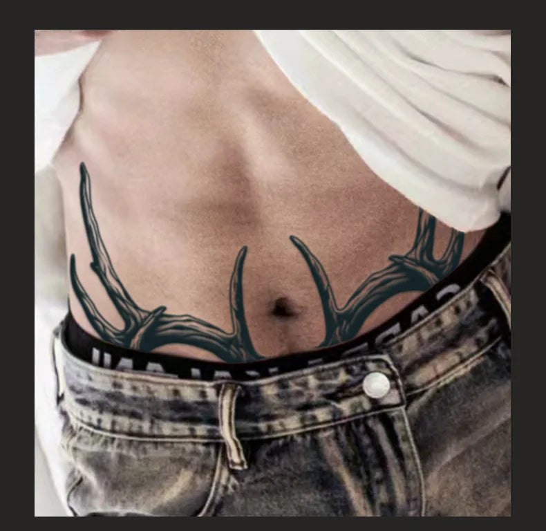 A Pair of Antler Herbal Juice Tattoo Stickers Abdomen Waterproof Semi-permanent Fake Tattoos Men Women Personality Faux Tatouage - Sun Studio