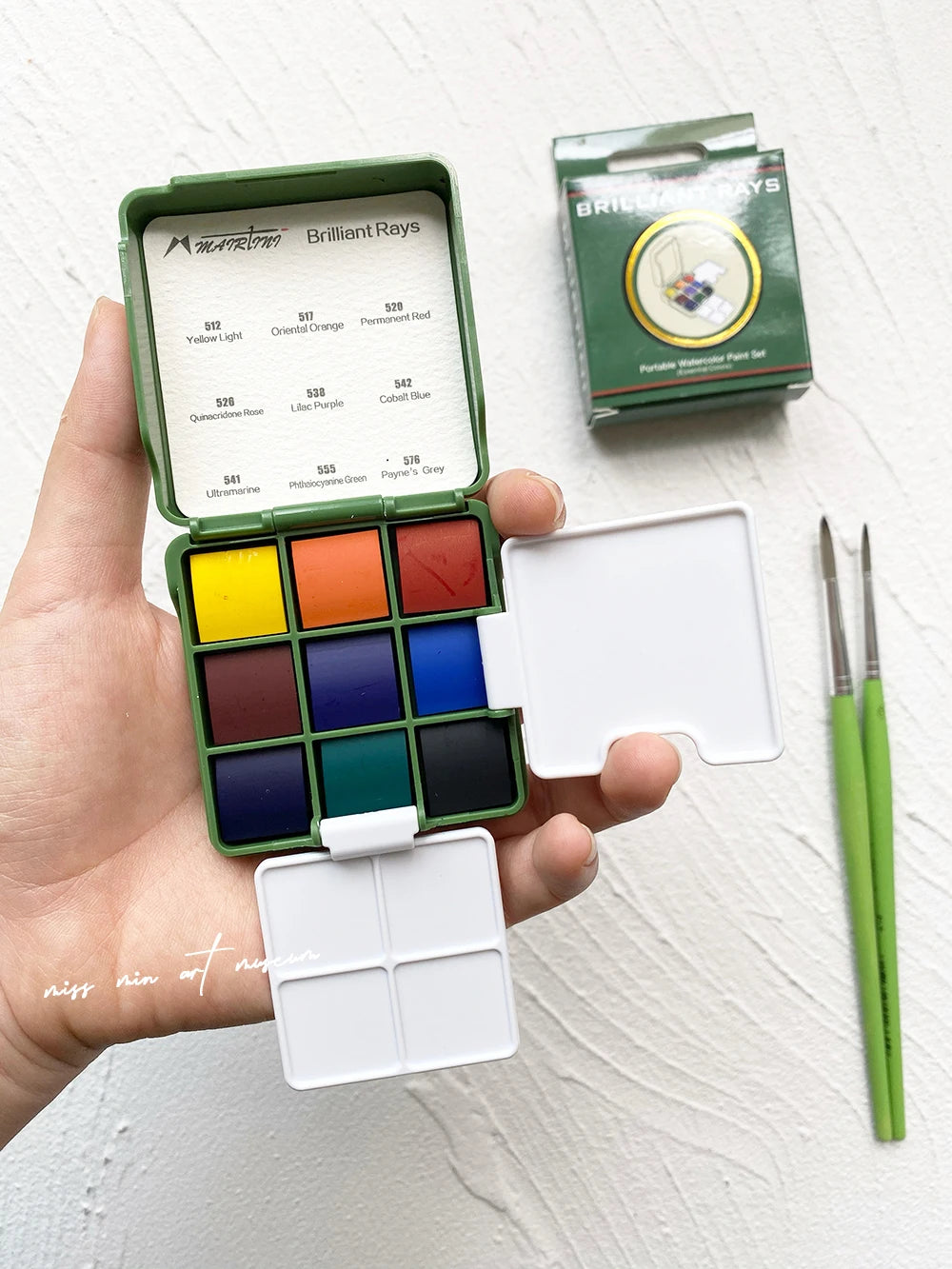 MAIRTINI Mini Travel Watercolor Set Solid Aquarell Paint 9 Colors Portable Palette Painting Tools with Brushes Art Supplies - Sun Studio