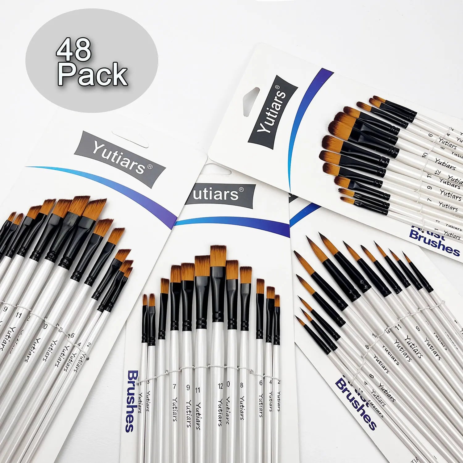 12/48Pcs Professional Quality Art Watercolor Brushes White Nylon Round Tip Set for Acrylic and Brushes for Face Body Nail Art - Sun Studio
