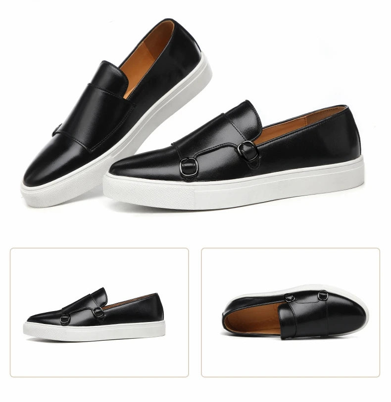 Fashion Man Casual Shoes Leather Men's Retro British Style Loafers Slip-on Outdoor Flats Double Monk Business Daily Shoe - Sun Studio