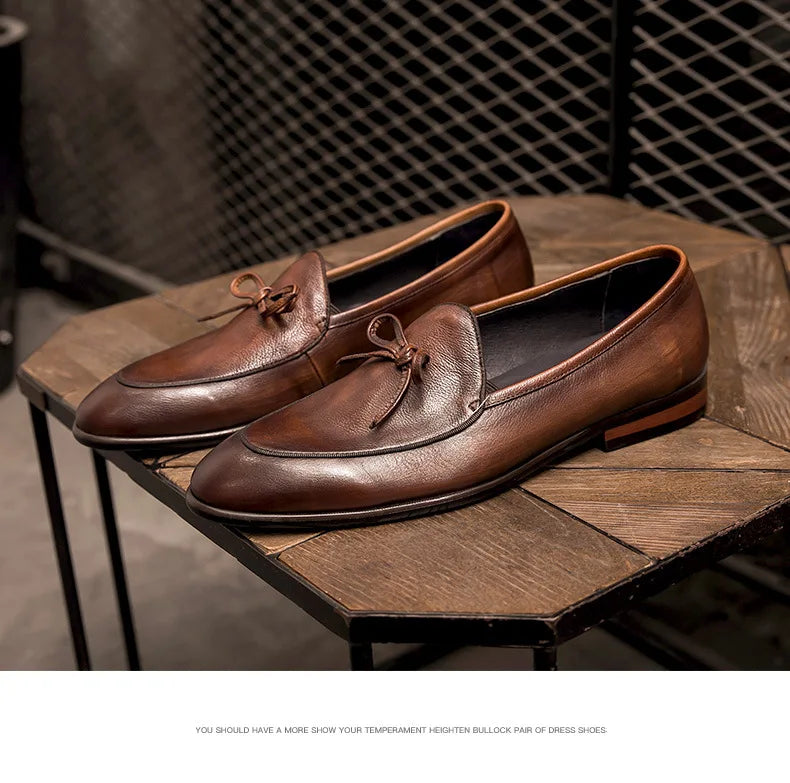 Genuine Leather Men Loafers Handmade Square Toe Butterfly-knot  Solid Handmade  Zapatos De Vestir Hombre - Sun Studio