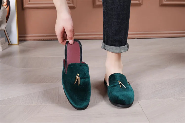 Fashion New Men Velvet Tassels Half Slippers Loafer Male Casual Purple Green Blue Black Mules Moccasins Breathable Driving Shoes - Sun Studio