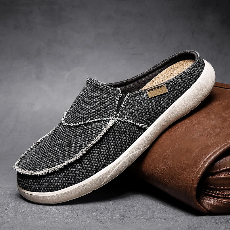 Casual Slip on Mens Shoes Outdoor Walking Comfortable Canvas Slippers Korean Trend Baotou Half Drag Slides Zapatillas Hombre
