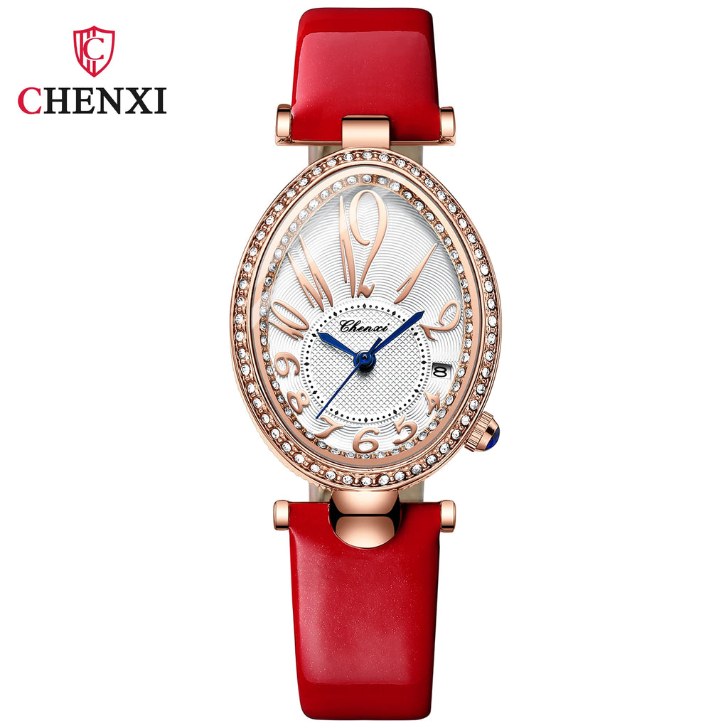 Luxury Watch For Women Diamond Waterproof Quartz Ladies Watches Fashion Elegant Oval Calendar Wristwatche Leather Strap - Sun Studio