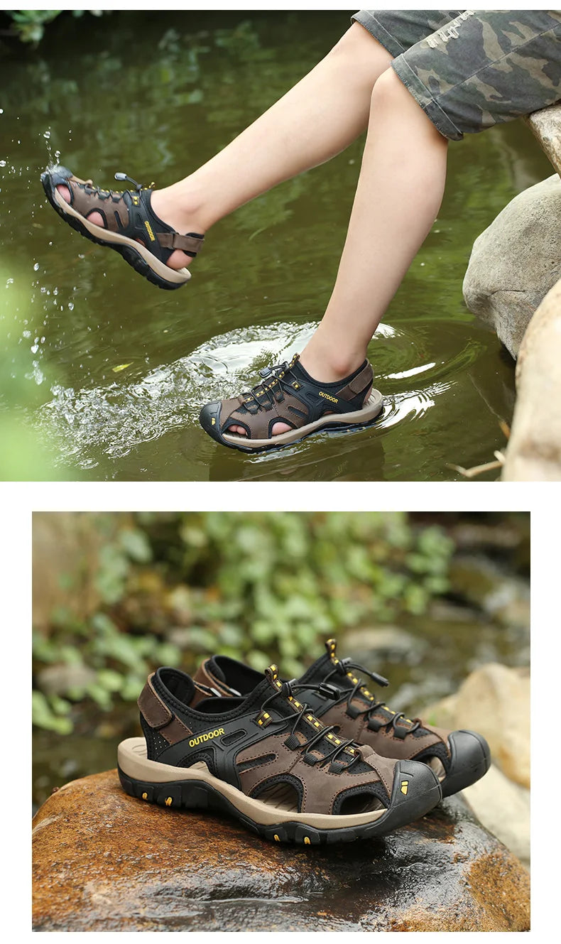 Men's Sandals Top Cowhide Upper Hollow Out Round Toe Outdoor Beach Walking Non Slip Durable Summer Beach Shoes Adjustable Buckle - Sun Studio
