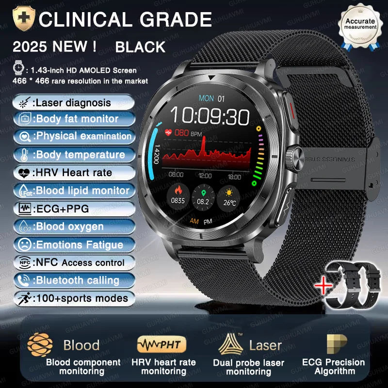 New ECG Laser Diagnosis Blood pressure Smart Watch Accurate Uric Acid Lipid Organ monitor Clock NFC Call Health Men Watches 2025 - Sun Studio