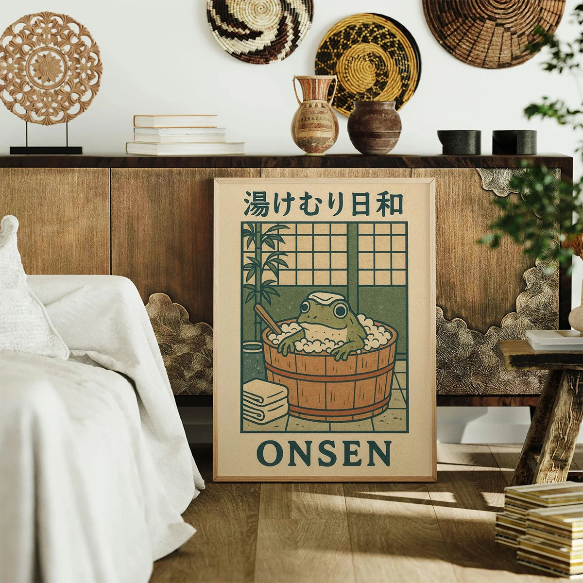 Japanese Frog in Bathtub Canvas Prints Poster Retro Japandi Fun Animal Art Prints Bathroom Wall Art Home Decor Art Poster - Sun Studio