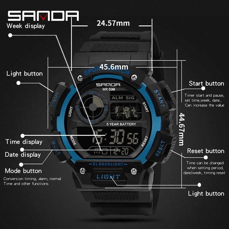 SANDA Top Brand Classical Style Men Digital Watch Military Sports Watches Fashion Waterproof Electronic Wristwatch Shockproof - Sun Studio