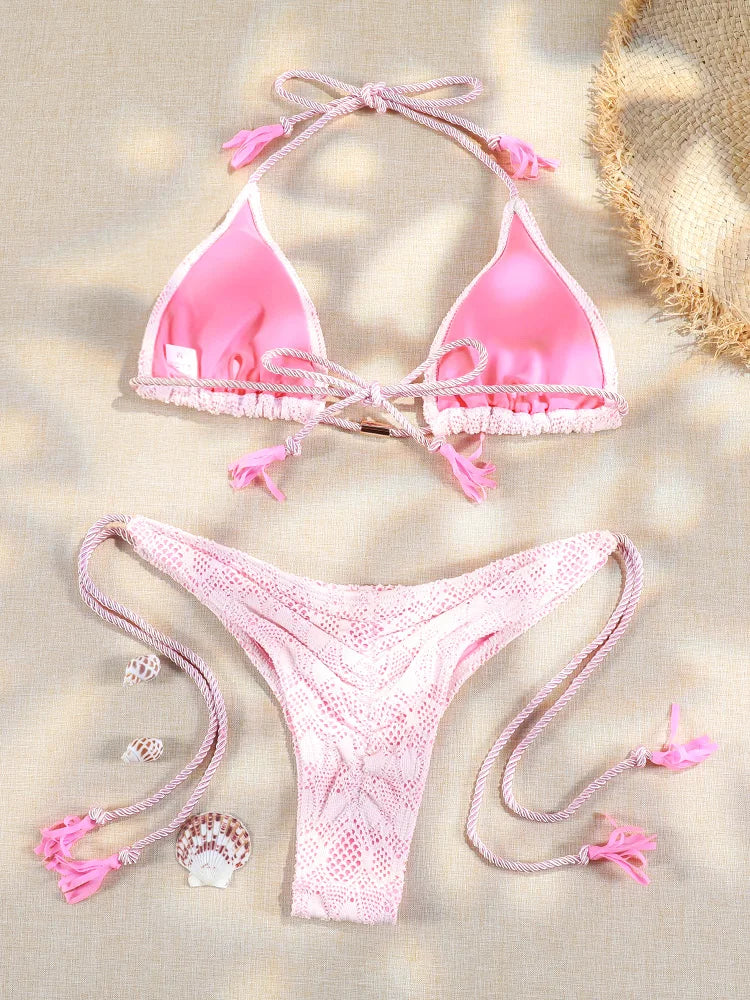 ZRTAK Pink Bikinis Triangle Biquinis Feminino Swimsuit String Bikini Sets Push Up Bikinis Women Bathing Suit Solid Swimwear - Sun Studio
