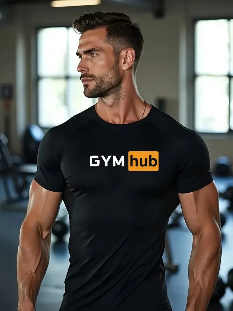 Gym Hub Printed Men's Compression T-Shirt Gym Workout Sport Quick Dry Tight Shirts Outdoor Training Fitness Elasticity Tops Tee - Sun Studio