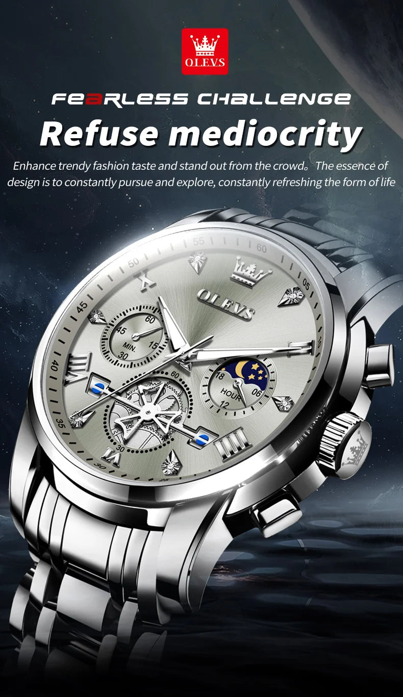 OLEVS Men's Watches Classic Multifunctional Flywheel Design Stainless steel Waterproof Moon Phase Men's Wristwatches 2024 Trend - Sun Studio
